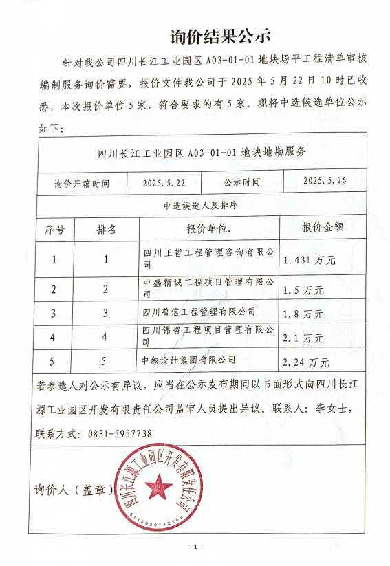詢價結(jié)果公示